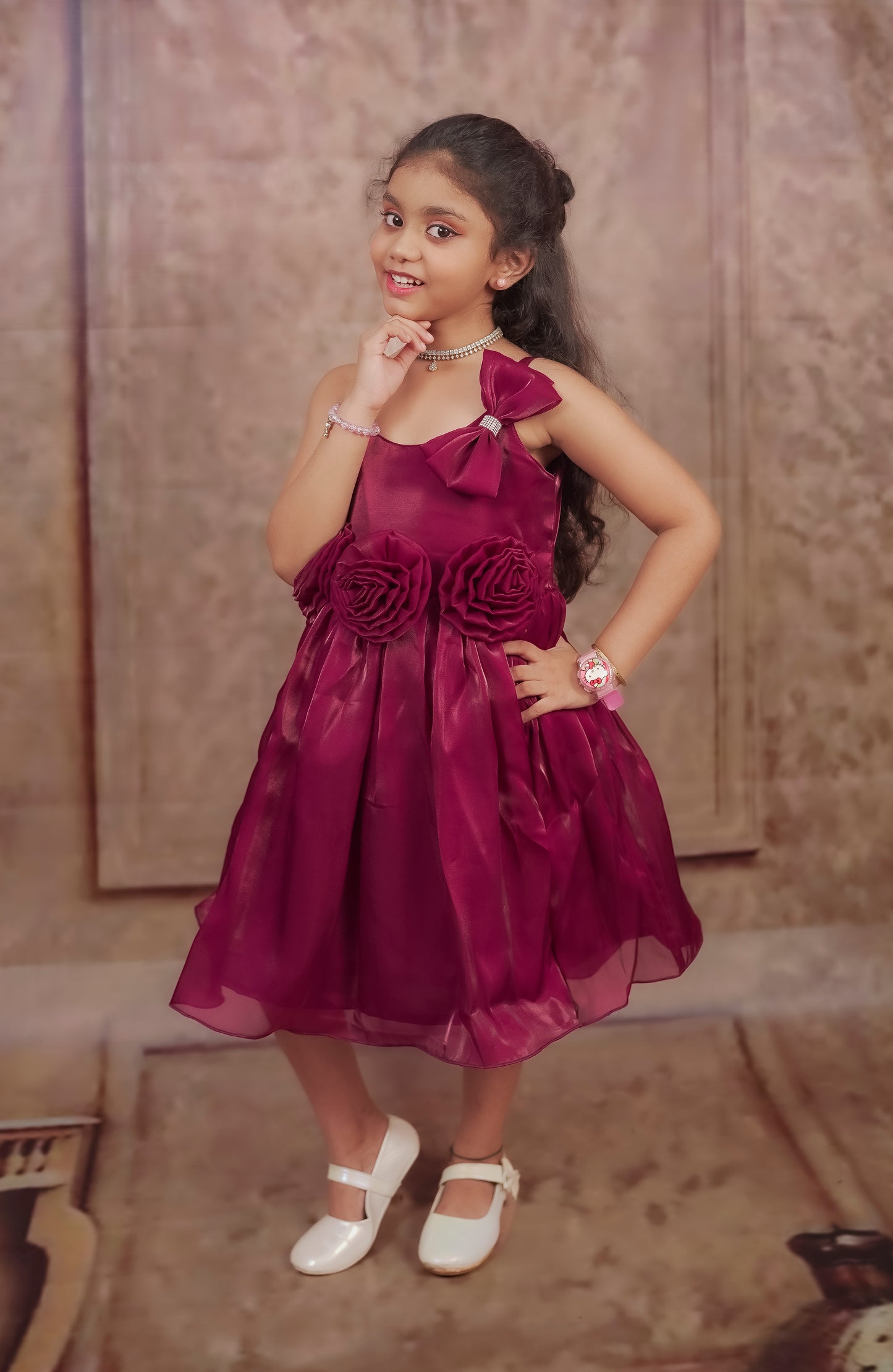 Pariari Girls Wine Bloom Satin Party Dress