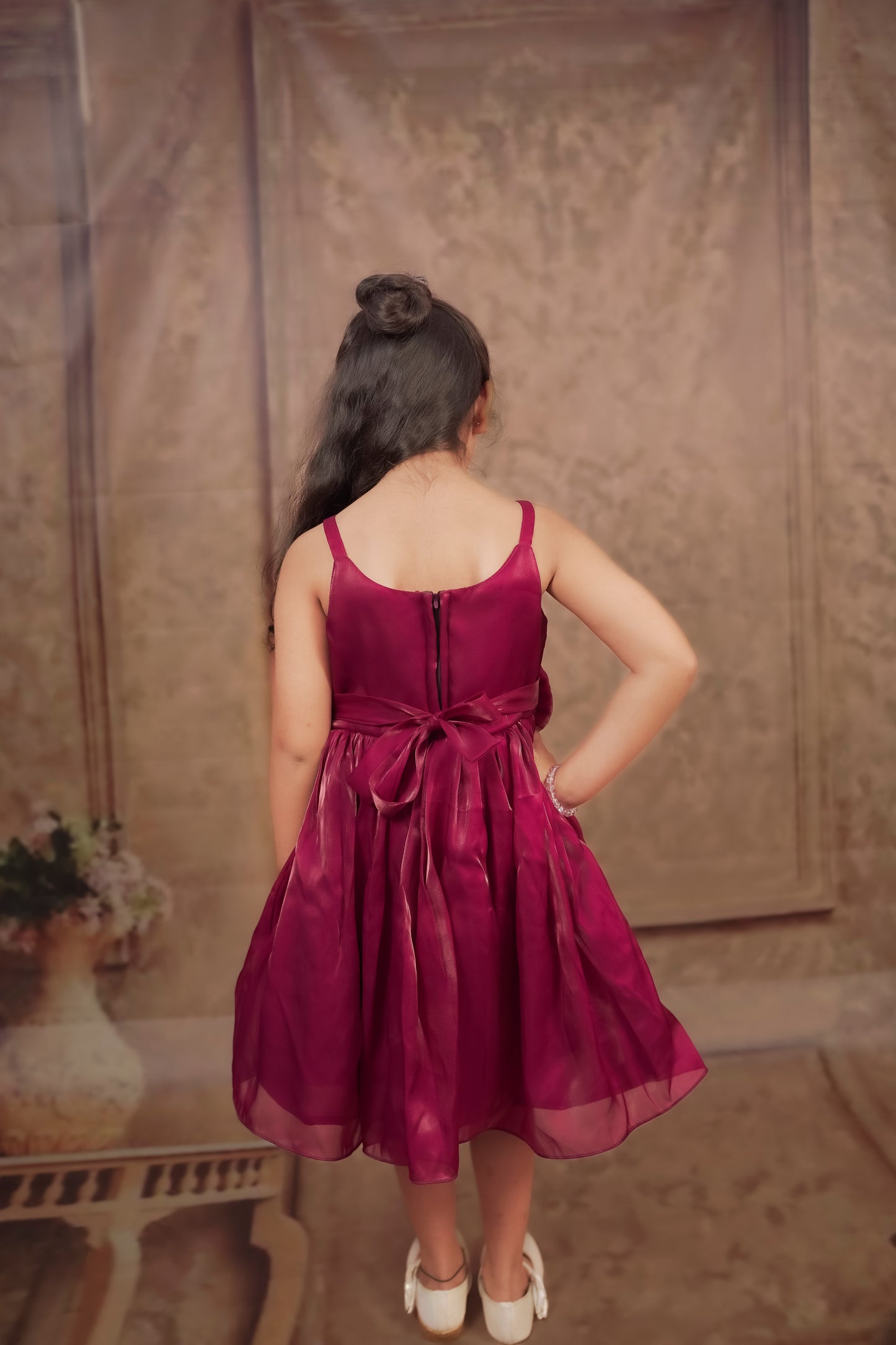 Pariari Girls Wine Bloom Satin Party Dress
