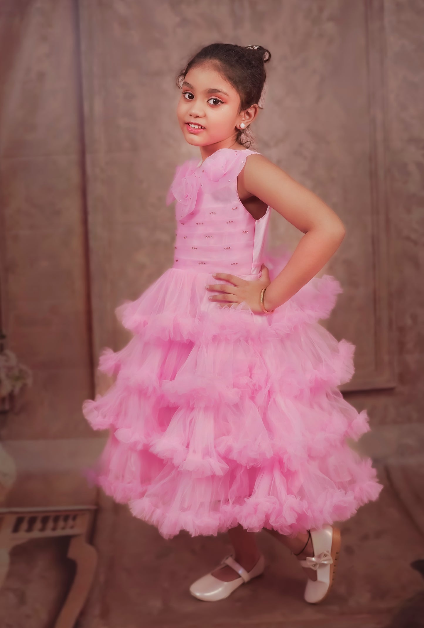 Pariari Girls Pink Petal Ruffle Dress