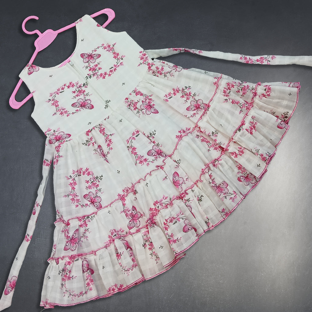pariari girls White & Pink Butterfly Print Ruffle Dress for Girls