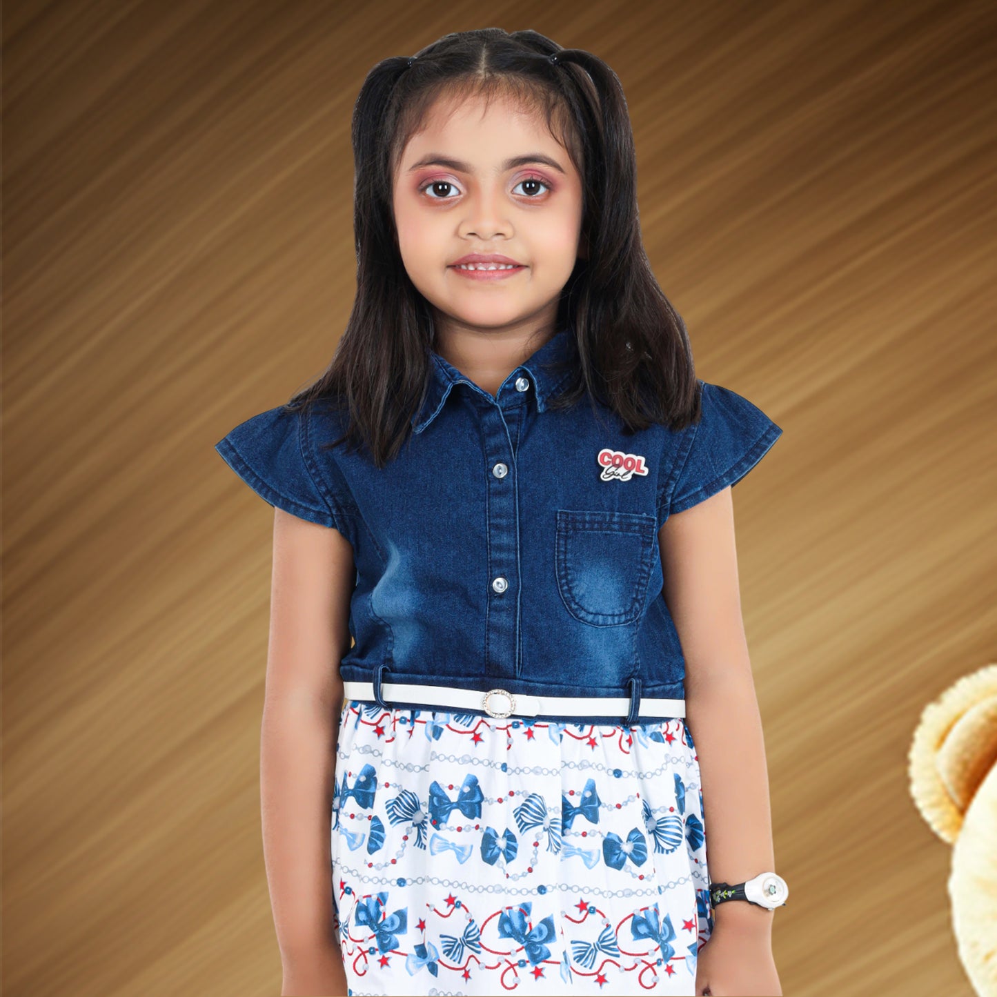Pariari Girls Cotton Dress with Collar and Belt