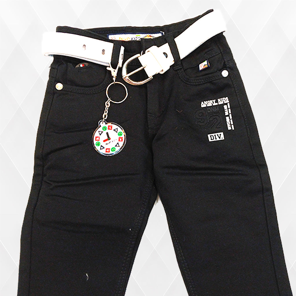 Pariari Boys Stylish Black Slim-Fit Jeans with Belt & Keychain