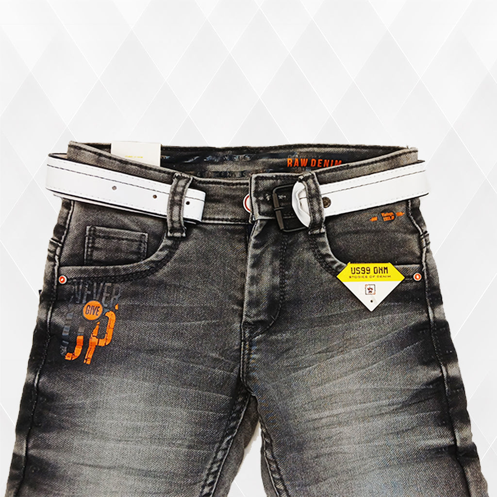 Pariari Boys Black Washed Slim-Fit Jeans with White Belt